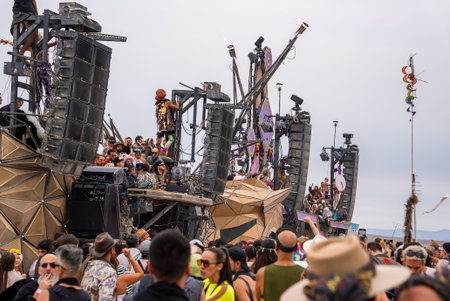 Crowd Gathered Around Geometric Art Stage at Burning Manの写真素材