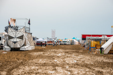 Muddy Road and Geometric Art Installation at Burning Man 2025の写真素材