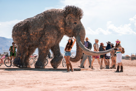 Woolly Mammoth Art Installation at Burning Man Festival in Nevadaの写真素材