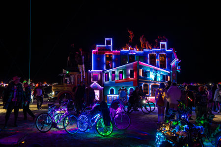 Illuminated Mobile Art Installation at Burning Man Festival at Nightの写真素材