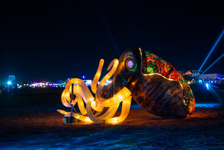 Illuminated Squid Art Installation at Night in Nevada Desert Festivalの写真素材