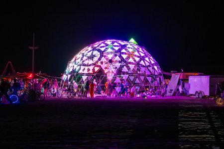 Illuminated Geodesic Dome at Night in Burning Man Festival, Nevada
