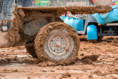 Close Up of Mud Covered Vehicle Wheel and Zebra Striped Carの写真素材