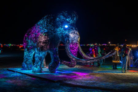 Illuminated Woolly Mammoth Art Installation at Burning Manの写真素材