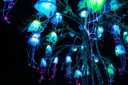 Illuminated Tree Like Art Installation with Jellyfish Lights at Nightの写真素材