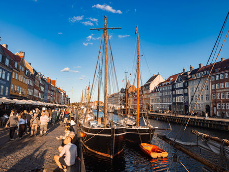 Nyhavn Harbor in Copenhagen with Colorful Buildings and Boatsの写真素材