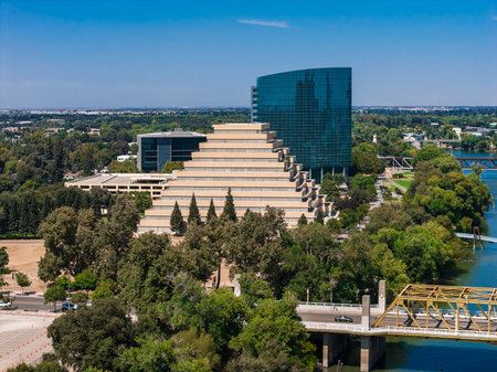 Aerial View of Sacramento with Ziggurat Building and Tower Bridgeの写真素材