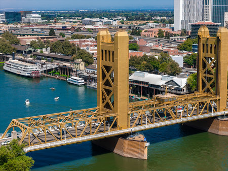 Aerial View of Tower Bridge and Old Sacramento District in Californiaの写真素材