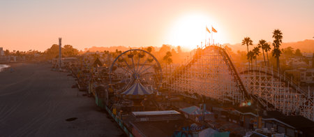 Aerial Sunset View of Santa Cruz Beach Boardwalk and Giant Dipper