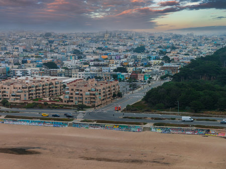 Aerial View of Beach, Seawall, and Residential Area