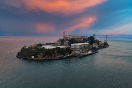 Aerial View of Alcatraz Island and Sunset in San Francisco Bay