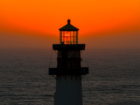 Aerial view of Pigeon Point Lighthouse at sunset in California, USAの写真素材