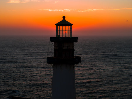 Aerial View of Pigeon Point Lighthouse at Sunset in Californiaの写真素材