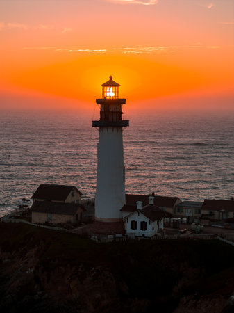 Aerial View of Pigeon Point Lighthouse at Sunset in California