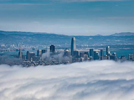 Aerial View of San Francisco Skyline with Salesforce Tower and Fogの写真素材