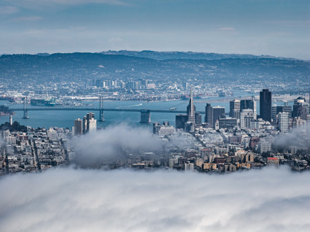 Aerial View of San Francisco with Transamerica Pyramid and Bay Bridgeの写真素材