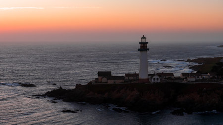 Aerial View of Pigeon Point Lighthouse at Sunset in Californiaの写真素材