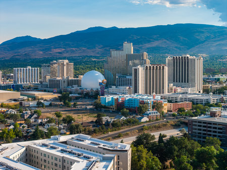 Aerial View of Downtown Reno, Nevada with Casinos and Sierra Nevadaの写真素材