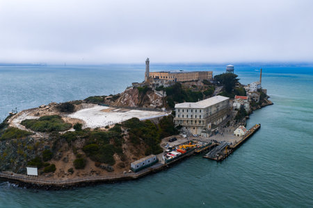 Aerial View of Alcatraz Island with Historic Penitentiary and Lighthouseの写真素材