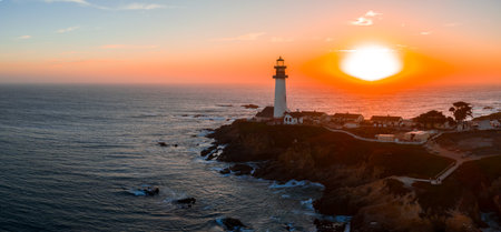 Aerial View of Pigeon Point Lighthouse at Sunset in California