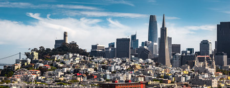 Aerial View of San Francisco Skyline and Bay Bridgeの写真素材