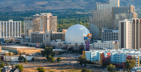 Aerial View of Downtown Reno, Nevada with Casinos and Hotelsの写真素材