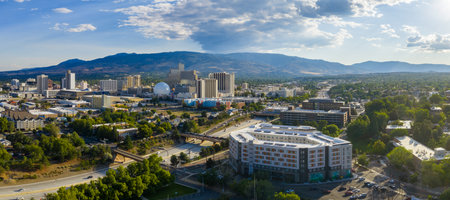 Aerial View of Downtown Reno, Nevada with Mountainsの写真素材