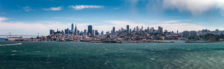 Aerial View of San Francisco Skyline with Bay Bridge and Waterfrontの写真素材