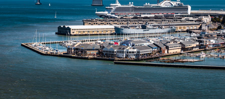 San Francisco Waterfront with Marina, Cruise Ship, and Naval Vesselの写真素材