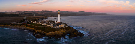 Aerial View of Pigeon Point Lighthouse at Sunset in Californiaの写真素材