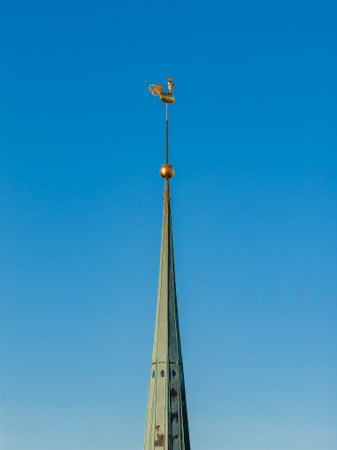 Spire of St. Peters Church in Riga with Golden Rooster Weather Vaneの写真素材