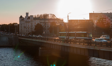 Aerial View of a Bridge in Riga with Tram and Historic Buildingの写真素材