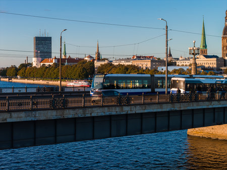 Aerial View of Riga with Bridge, Tram, and Historic Old Town Spiresの写真素材