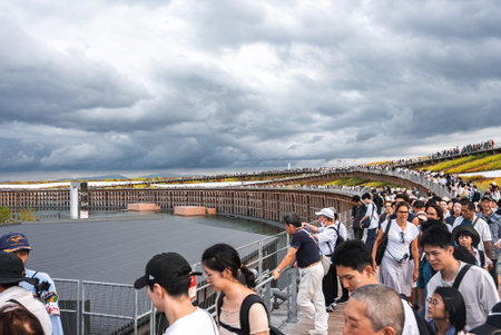 Crowd Walking on Curved Wooden Pathway at Outdoor Event in Osakaの写真素材