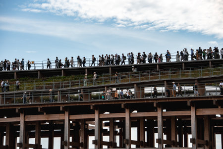 Multi Level Wooden Pavilion with Elevated Pathways at World Expo 2025の写真素材