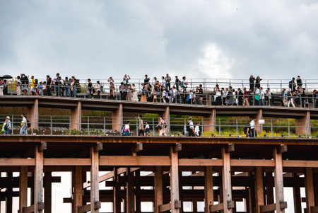 Crowd at Multi Level Wooden Structure at World Expo 2025 in Osakaの写真素材