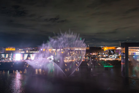 Nighttime Water Fountain Display at World Expo 2025 in Osaka, Japanの写真素材