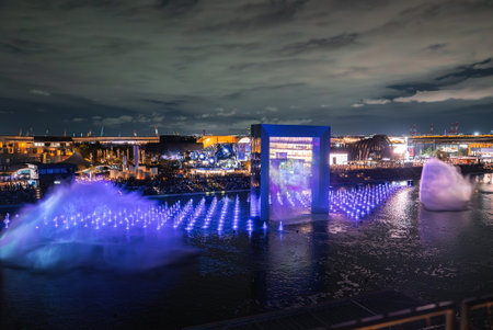 Nighttime View of Illuminated Water Feature at World Expo 2025 in Osakaの写真素材