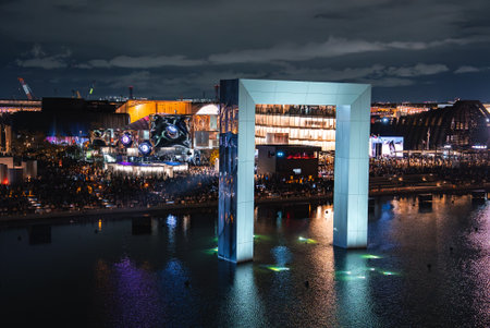 Nighttime View of Illuminated Arch at World Expo 2025 in Osakaの写真素材