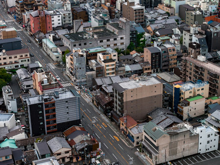 Aerial View of Kyotos Urban Landscape with Traditional and Modern Architectureの写真素材