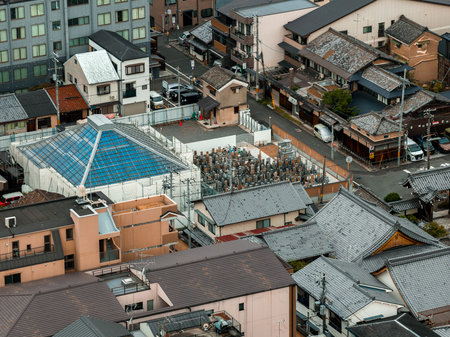Aerial View of Kyoto Cemetery and Surrounding Architecture in Japanの写真素材
