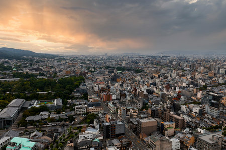 Aerial View of Kyoto, Japan with Distant Mountainsの写真素材