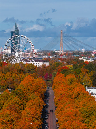 Aerial View of Park and Vansu Bridge in Riga During Autumnの写真素材