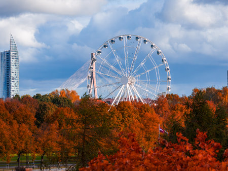 Aerial autumn view of Ferris wheel and skyline in Riga, Latviaの写真素材