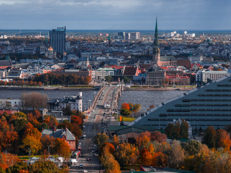 Aerial late afternoon view of Riga with Daugava bridge and Old Townの写真素材