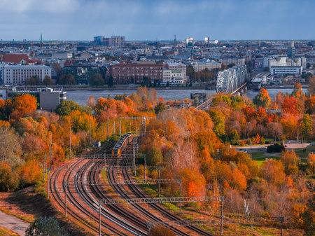 Aerial autumn view of Riga with Railway Bridge and Daugava Riverの写真素材