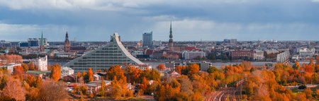 Autumn aerial view of Riga with Daugava River and historic towersの写真素材