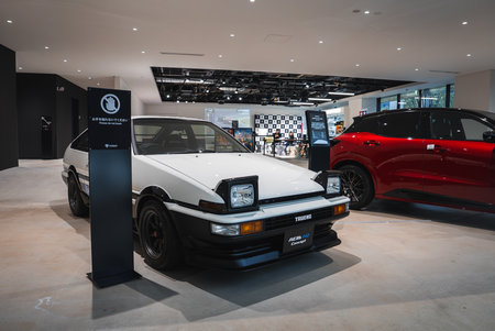 Red crossover in a curated Japan showroomの写真素材