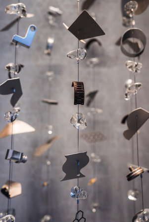 Close up of suspended mixed material art strands in Japan interiorの写真素材