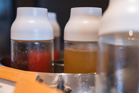 Condiment bottles in a circular holder at a luxury hotel in Japan